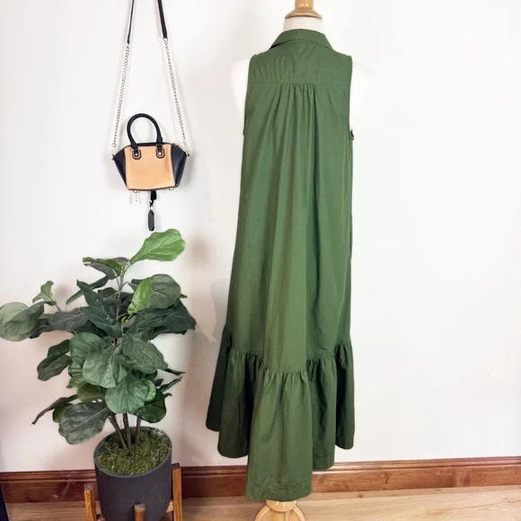 💋Anthropologie Maeve Paola flounce Olive Green Midi Dress - Picture 7 of 11
